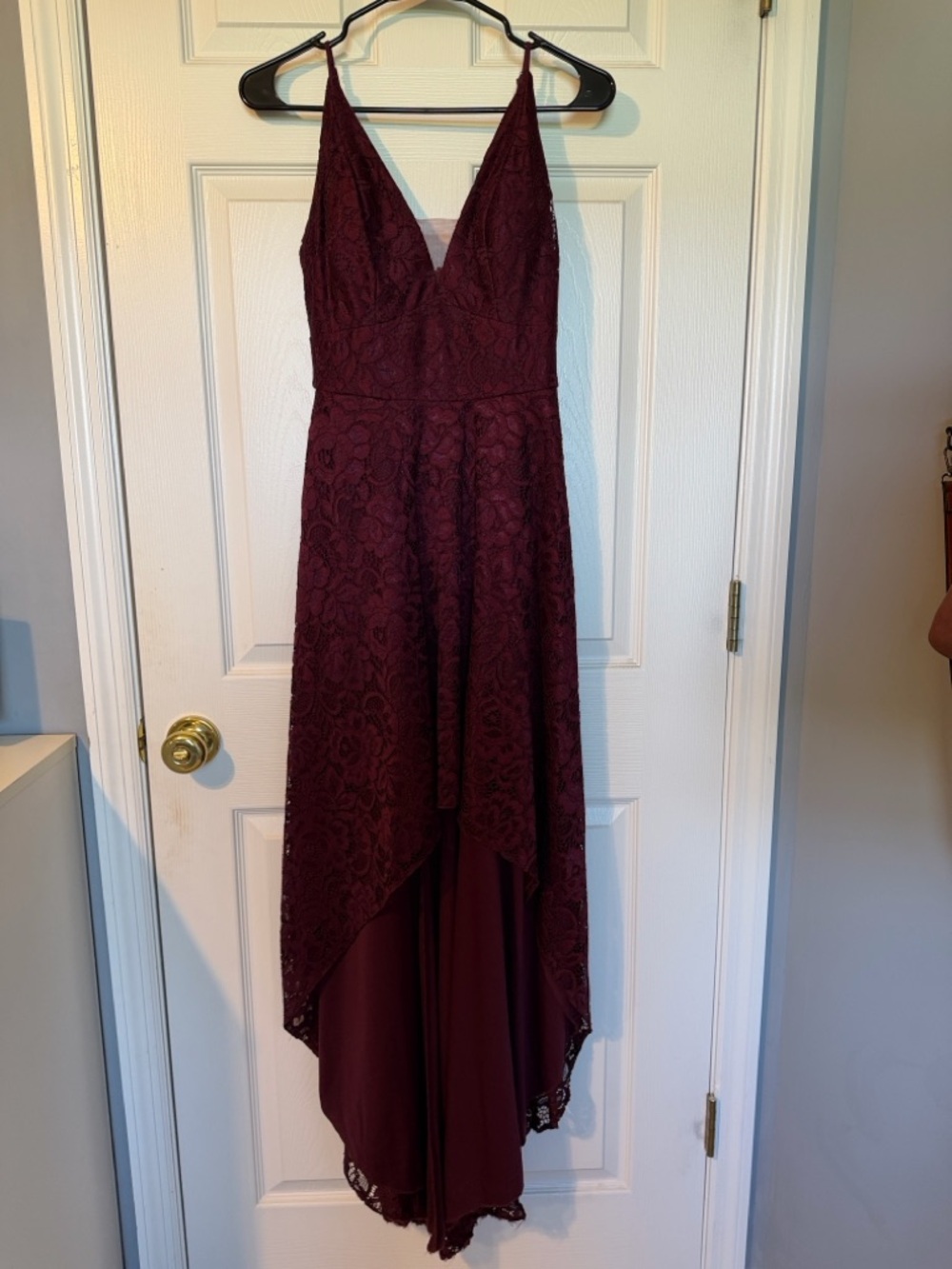 Spaghetti-Strap Lace High-Low Dress in Burgundy